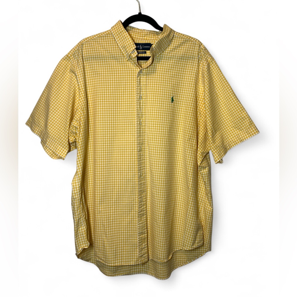 Vintage Ralph Lauren Preppy Yellow Gingham Button Down Shirt Green Pony XXL‎
